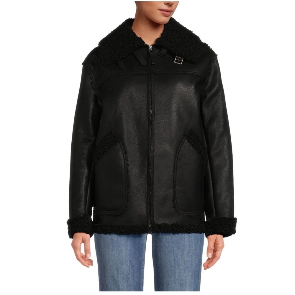 Max Studio London Faux Leather Aviator Jacket Black Sherpa Trim 3706L22 L